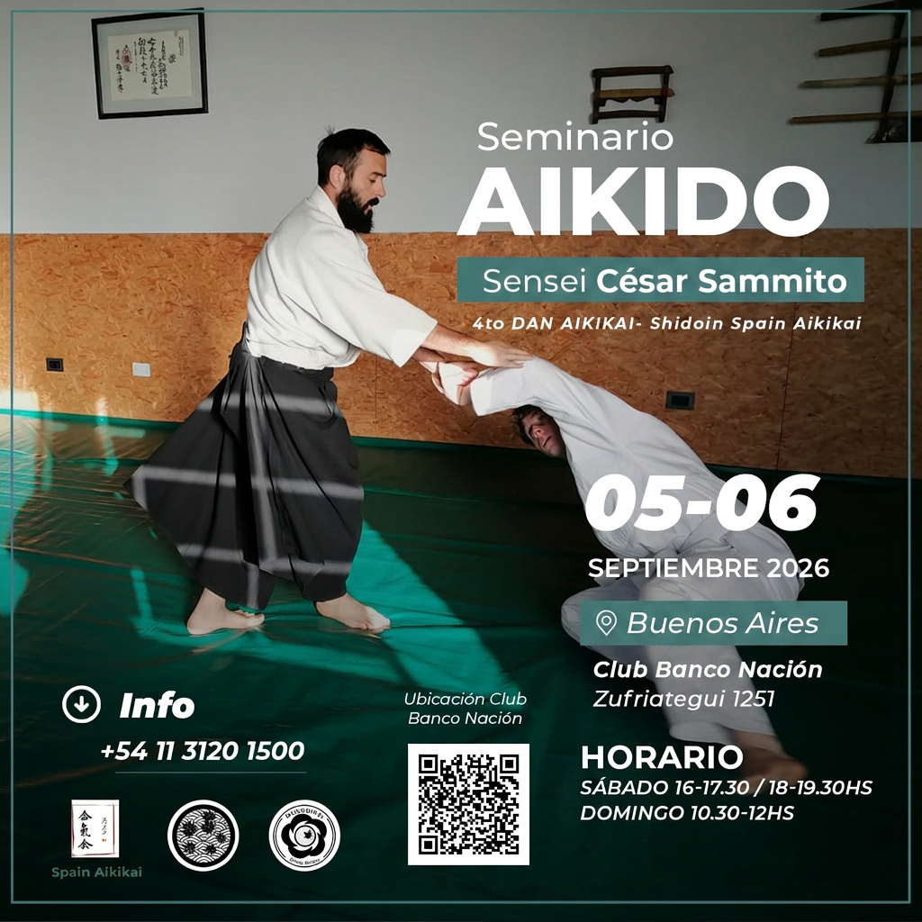 Flyer oficial del Seminario de Aikido con Sensei César Sammito, 5 y 6 de septiembre de 2026